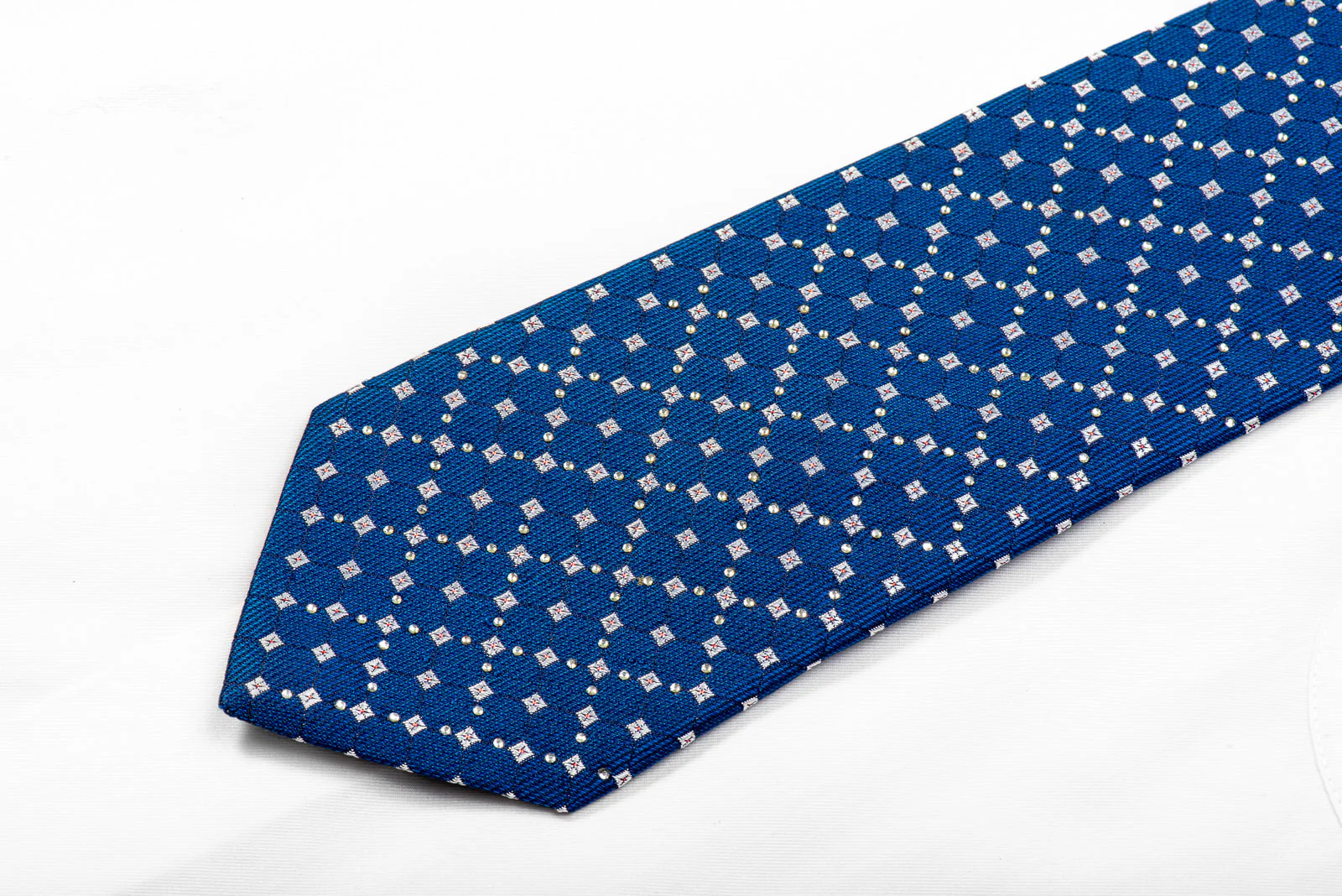 Pierre Cardin Rhinestone Tie Silver Squares On Blue With Red Sparkles - Image 3