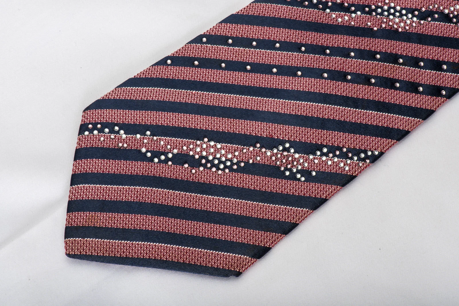 Pierre Cardin Rhinestone Woven Silk Necktie Red Blue Striped With Silver Sparkles - Image 3