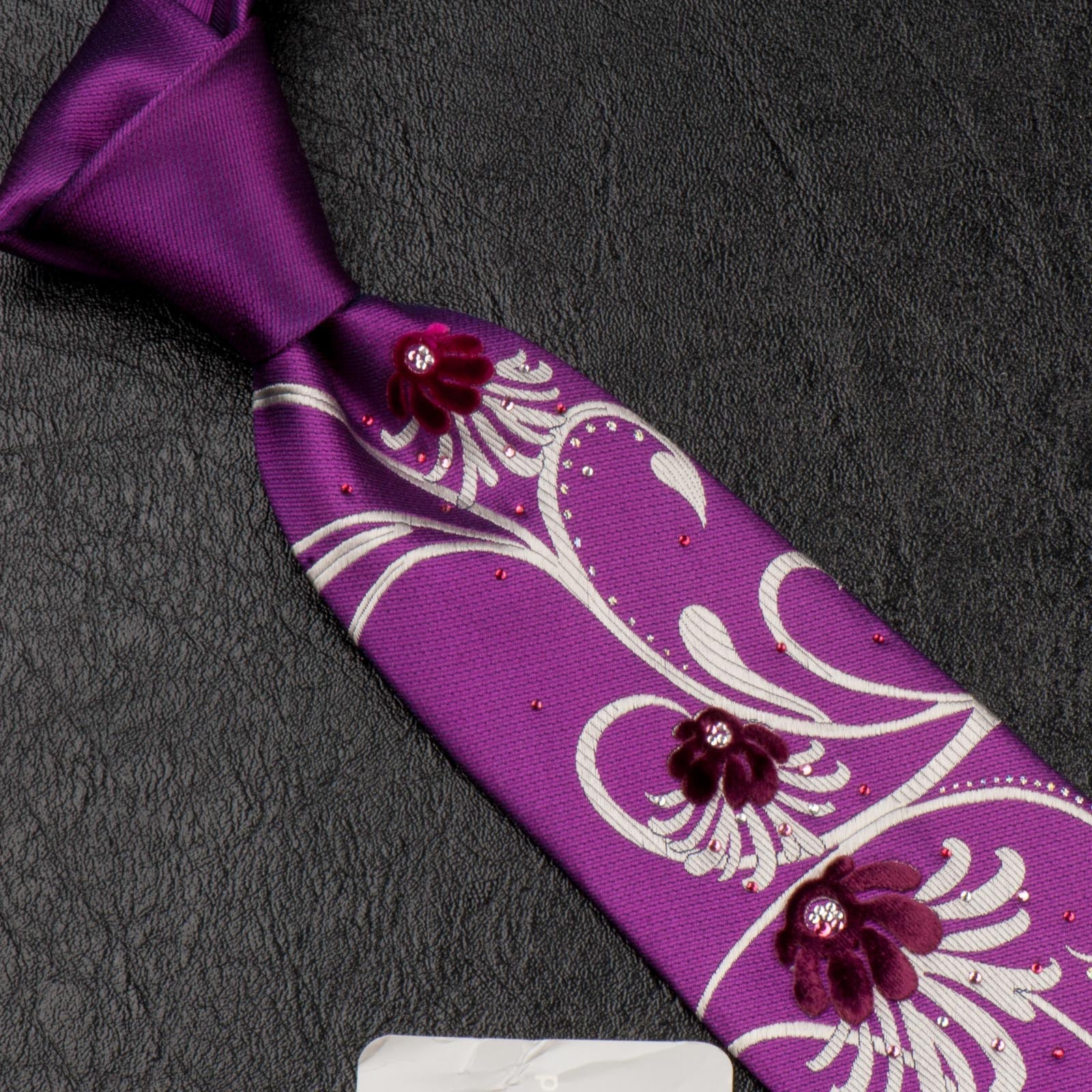 Pierre Cardin Silk Neck Tie With Rhinestones Floral Design On Purple 3 1/4 Inch - Image 2