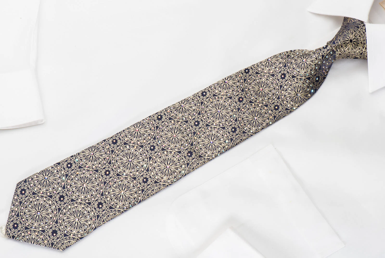Pierre Cardin Silk Necktie Golden Filigree Medallions On Navy Sparkling With Rhinestones - Image 6