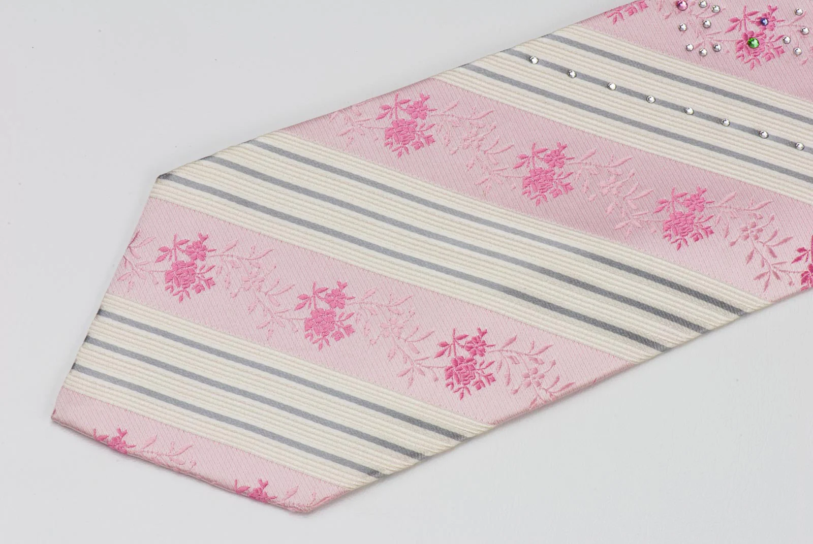 Pierre Cardin Silk Necktie Pink White Stripes With Rose Pattern & Rhinestones - Image 4