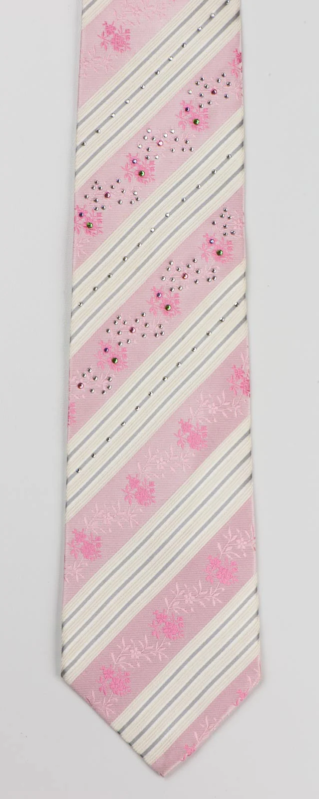 Pierre Cardin Silk Necktie Pink White Stripes With Rose Pattern & Rhinestones - Image 5