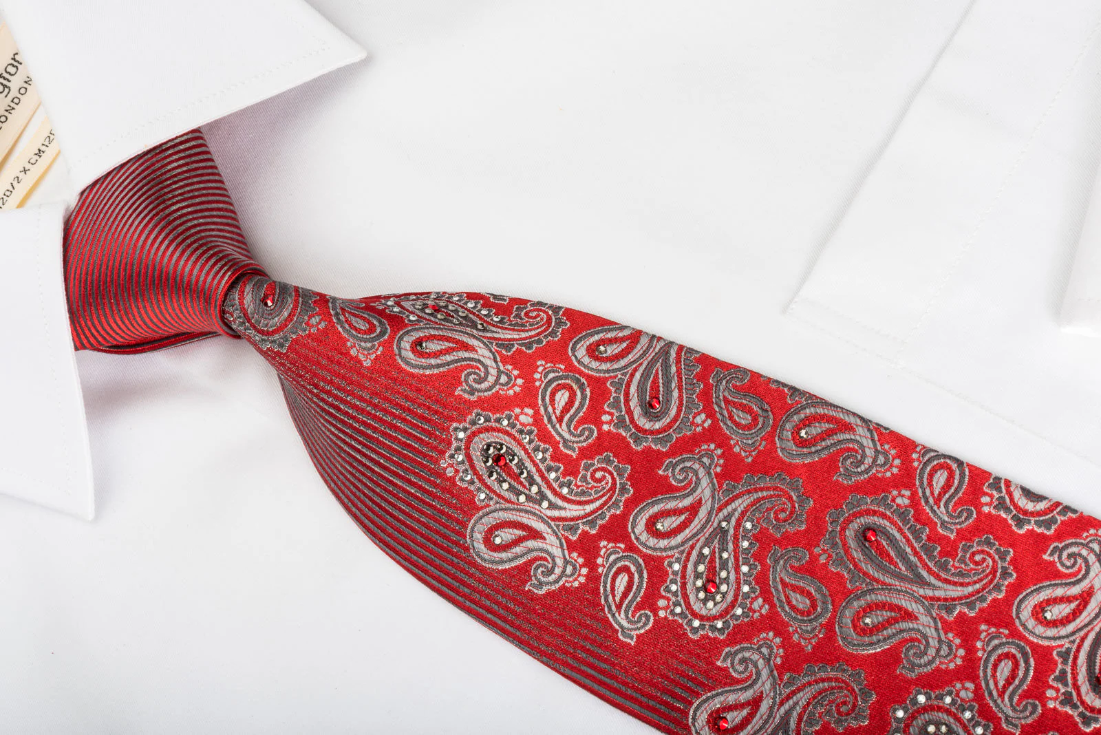 Pierre Cardin Silk Necktie Silver Boteh On Red With Red White Crystal Rhinestones - Image 2