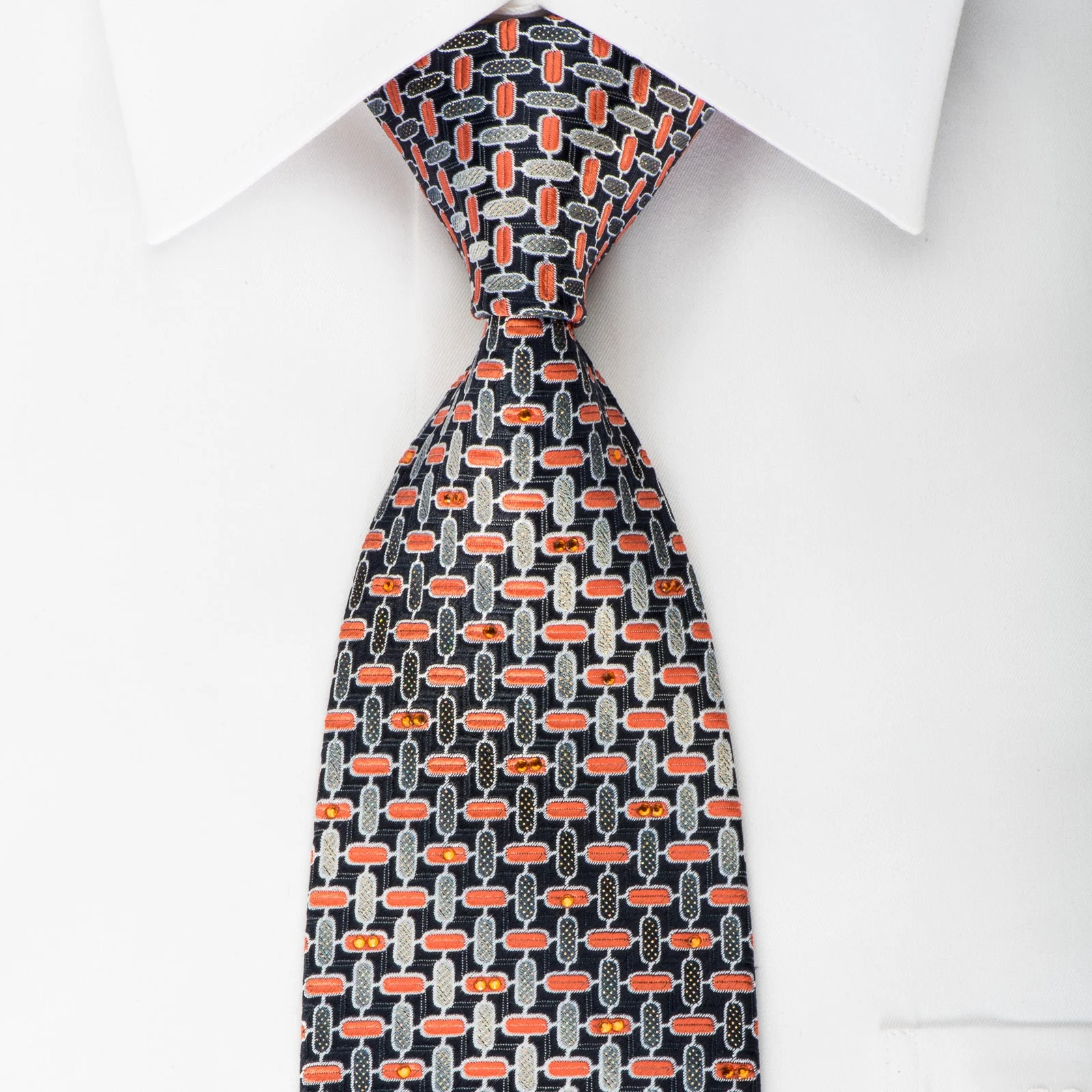 Pierre Cardin Silk Necktie Silver Orange Geometric & Trellis On Navy With Rhinestones & Sparkles
