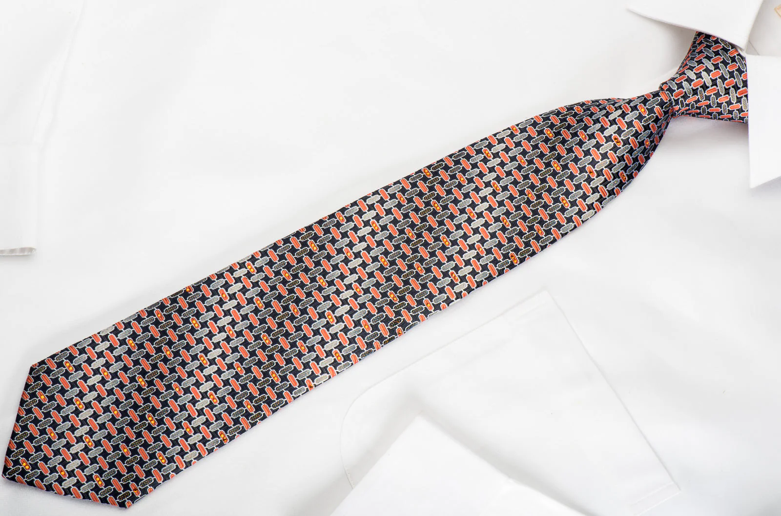 Pierre Cardin Silk Necktie Silver Orange Geometric & Trellis On Navy With Rhinestones & Sparkles - Image 4