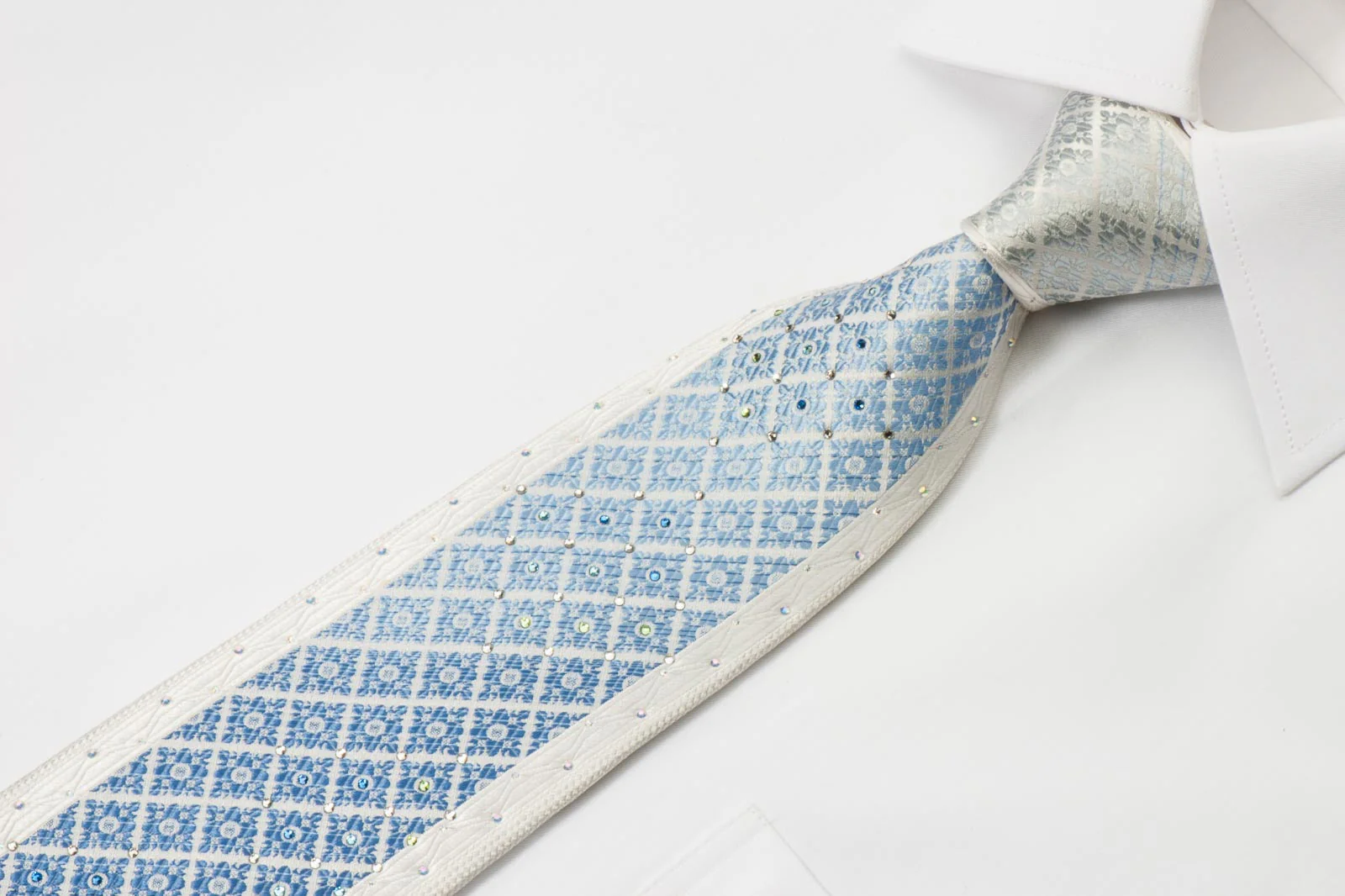 Pierre Cardin Silk Rhinestone Necktie Blue Cartouche On White With Silver Sparkles