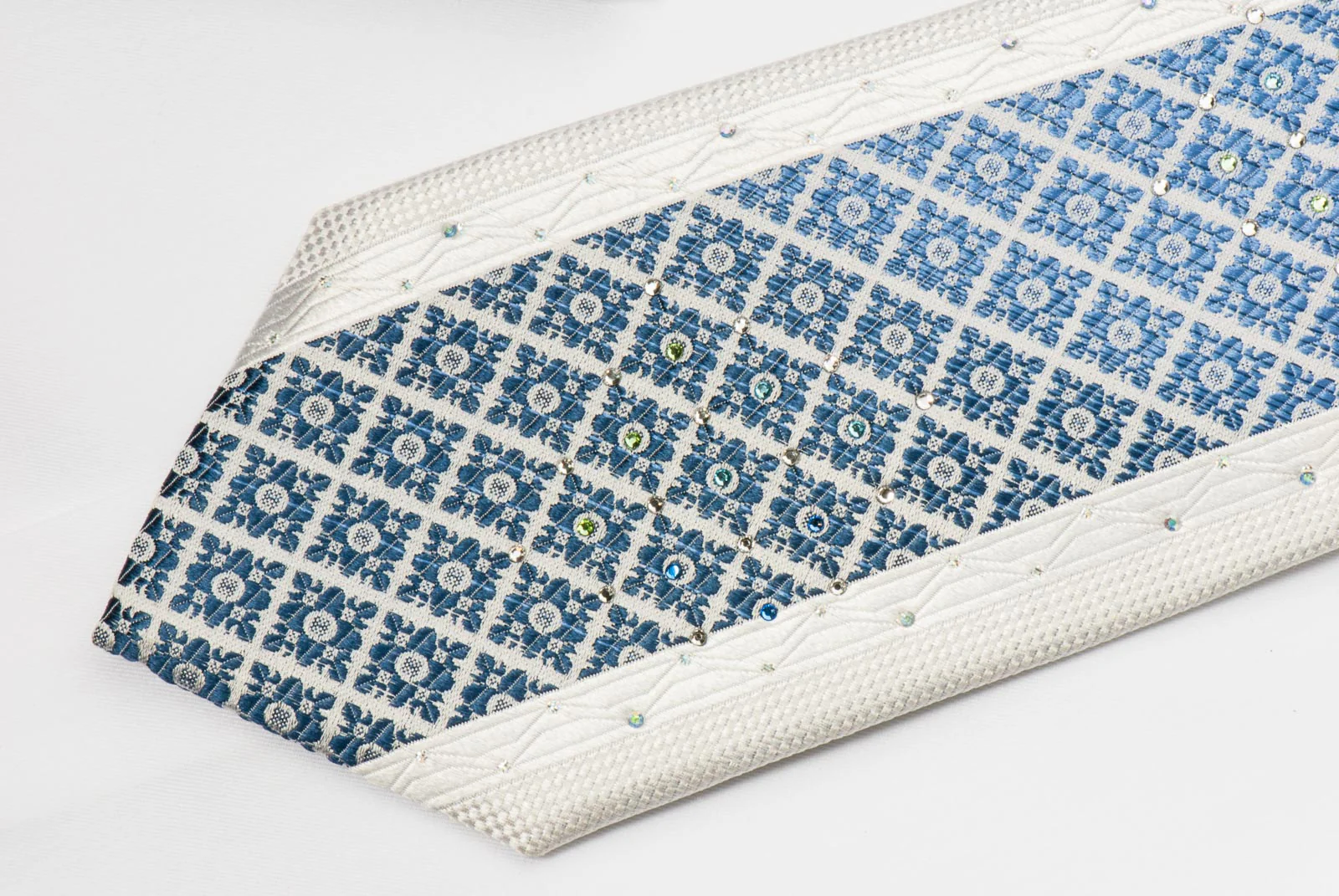 Pierre Cardin Silk Rhinestone Necktie Blue Cartouche On White With Silver Sparkles - Image 2