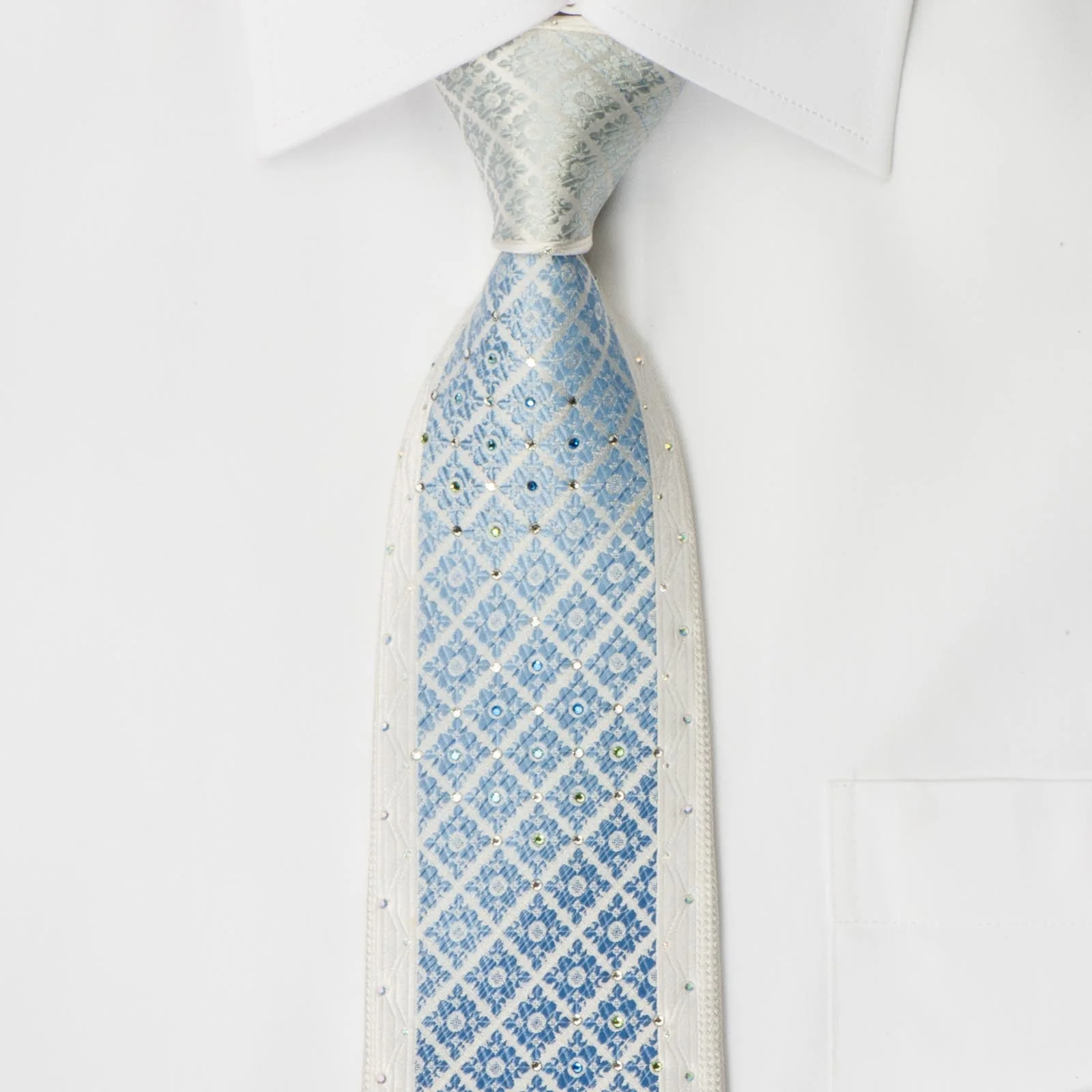 Pierre Cardin Silk Rhinestone Necktie Blue Cartouche On White With Silver Sparkles - Image 4