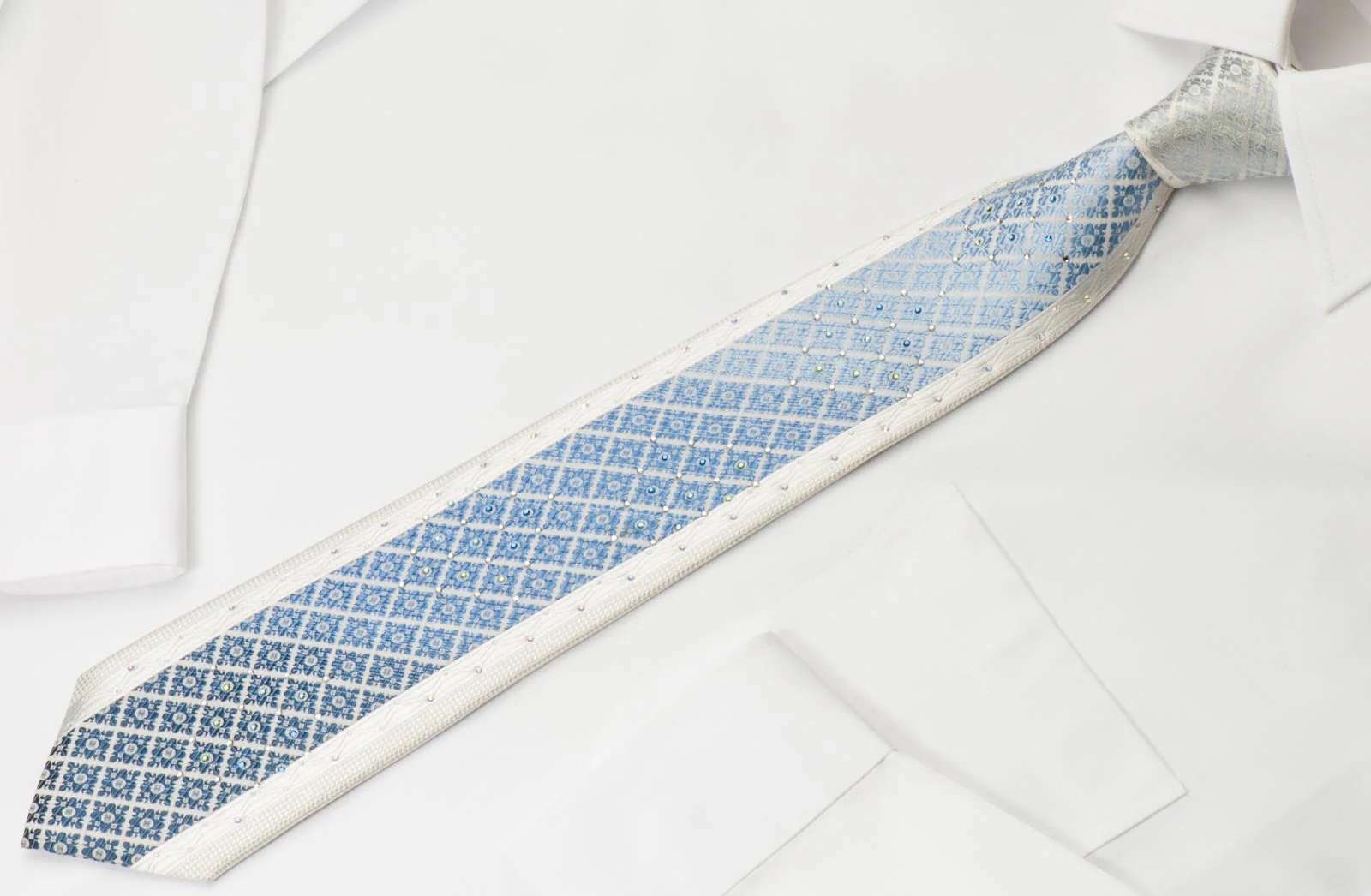 Pierre Cardin Silk Rhinestone Necktie Blue Cartouche On White With Silver Sparkles - Image 5