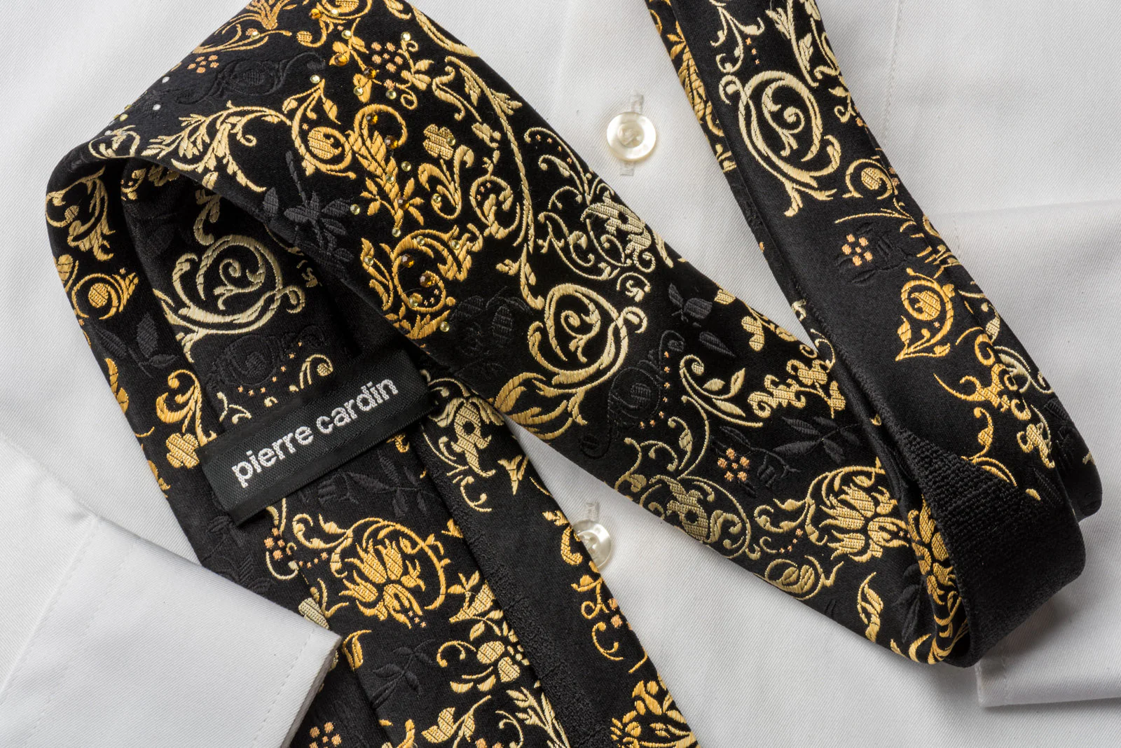 Pierre Cardin Silk Rhinestone Necktie Golden Vines On Black With Sparkles - Image 6