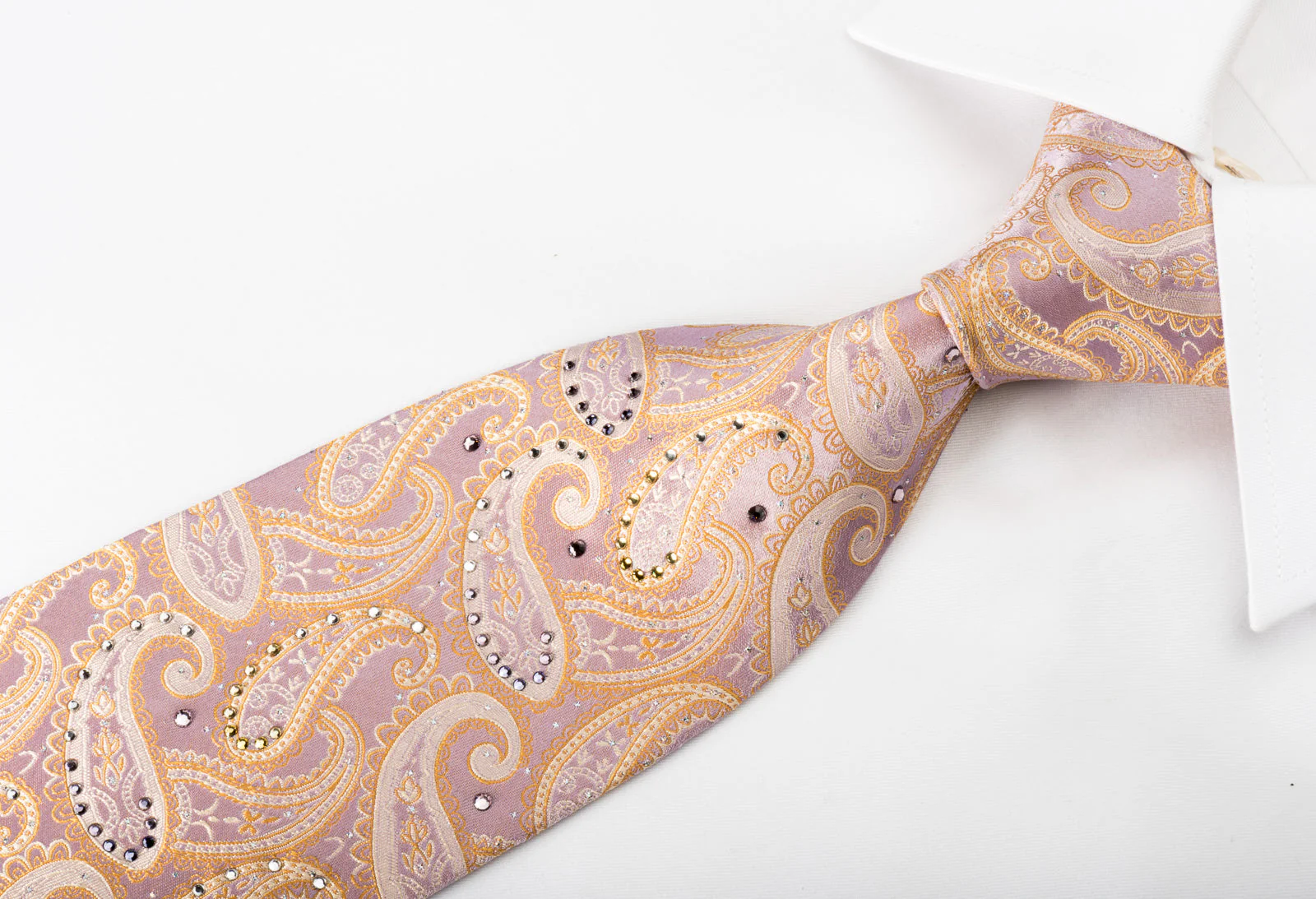 Pierre Cardin Silk Rhinestone Necktie Orange Paisley On Pink With Silver Sparkles - Image 2