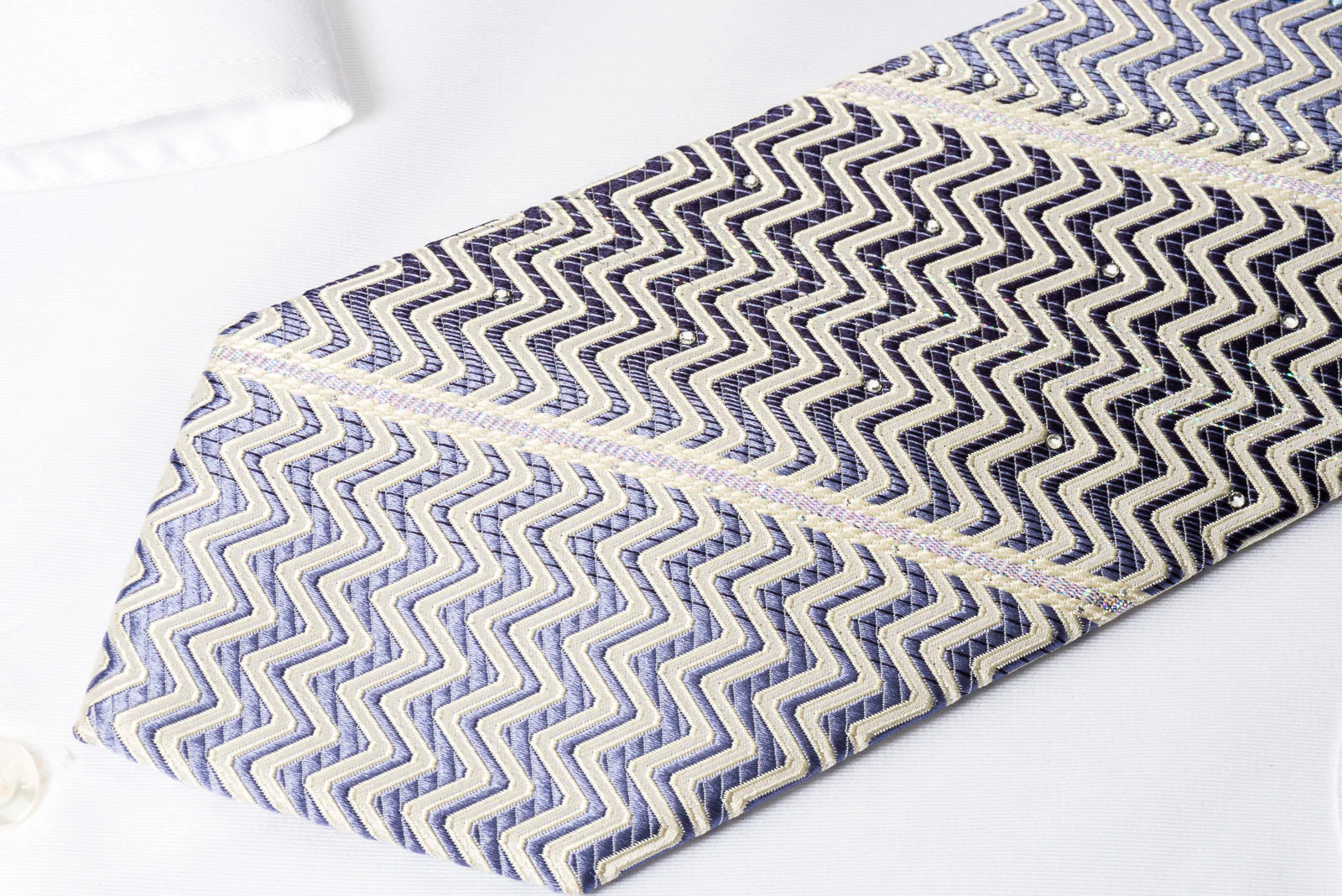 Pierre Cardin Silk Rhinestone Necktie Purple White Zigzag Striped With Silver Sparkles - Image 3