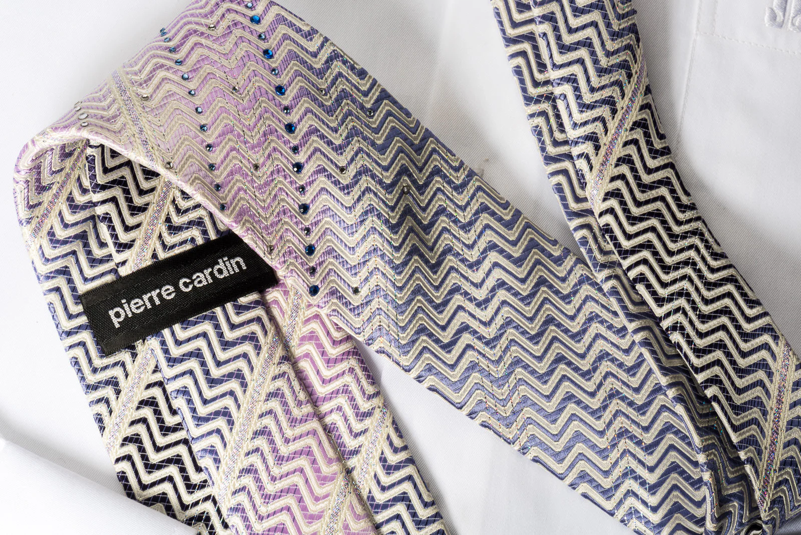 Pierre Cardin Silk Rhinestone Necktie Purple White Zigzag Striped With Silver Sparkles - Image 4