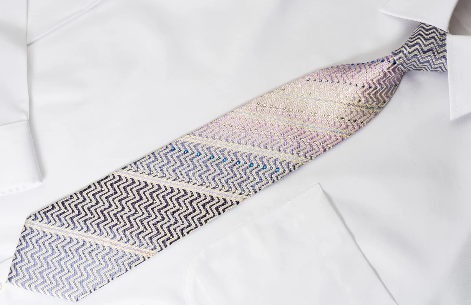 Pierre Cardin Silk Rhinestone Necktie Purple White Zigzag Striped With Silver Sparkles - Image 5