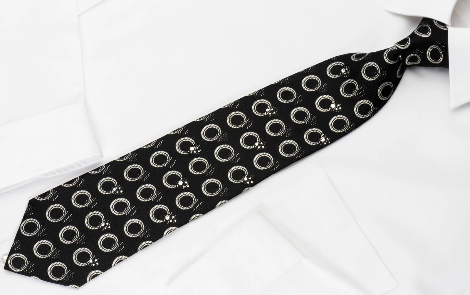 Pierre Cardin Silk Rhinestone Necktie Silver Circles On Black With Sparkles - Image 4