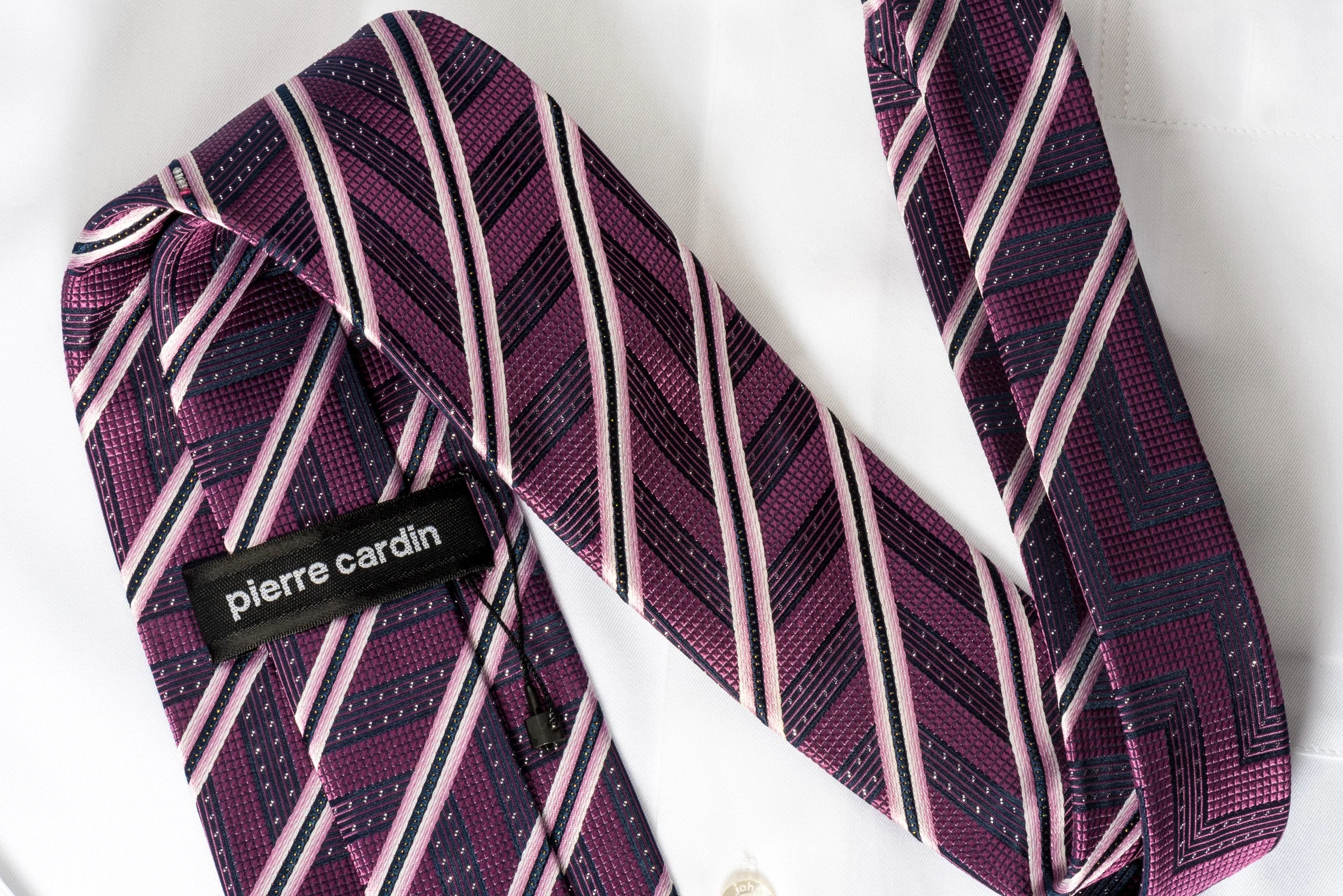 Pierre Cardin Silk Rhinestone Necktie Silver Stripes On Purple With Sparkles - Image 3