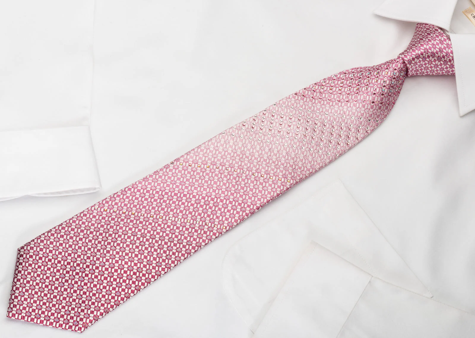 Pierre Cardin Silk Rhinestone Tie Pink White Checkered With Silver Sparkles - Image 3