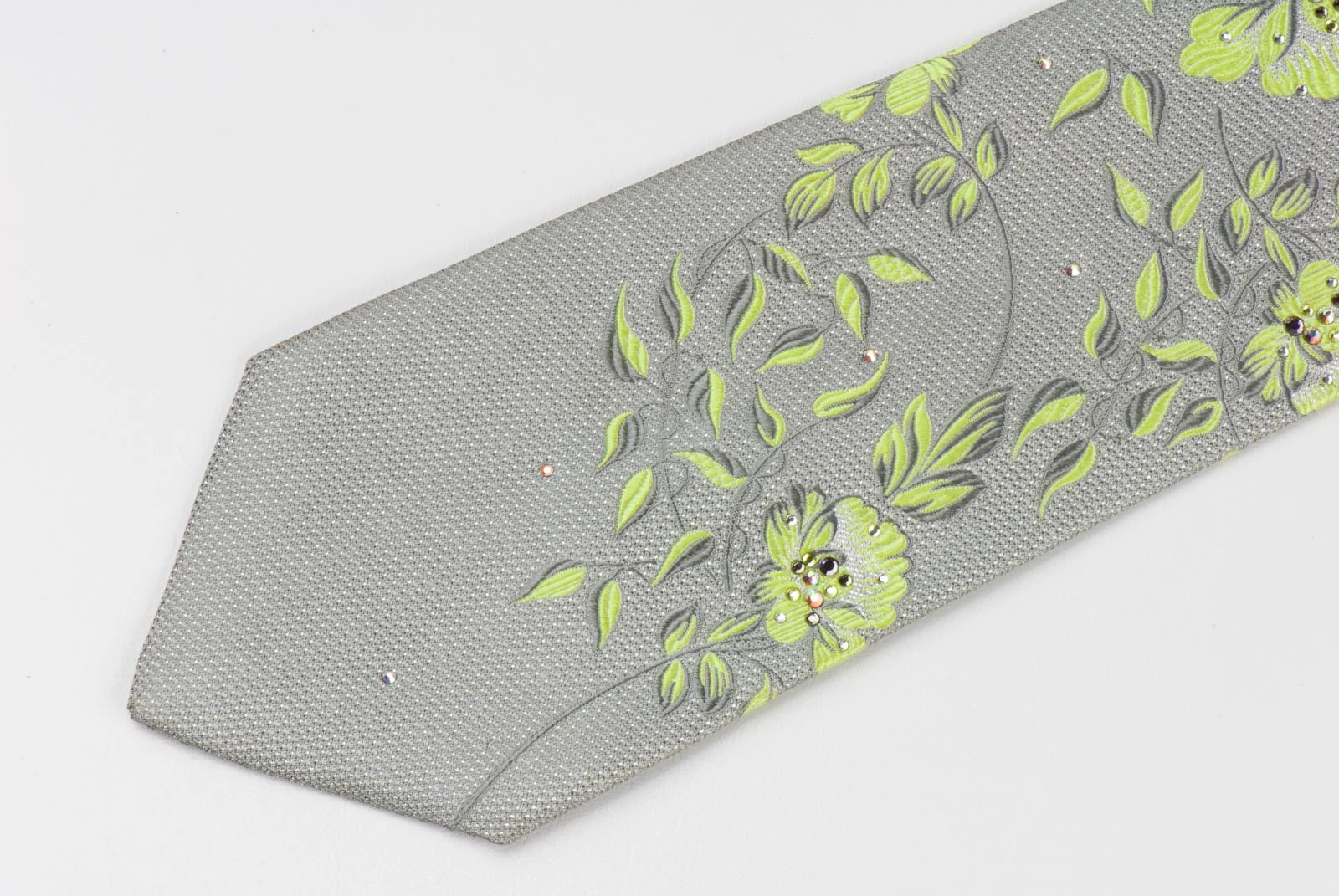 Pierre Cardin Silk Tie Green Floral On Gray & Metallic Silver With Rhinestones - Image 2