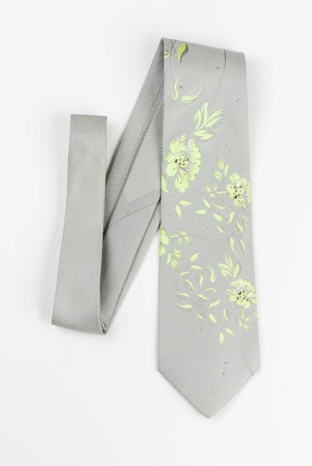 Pierre Cardin Silk Tie Green Floral On Gray & Metallic Silver With Rhinestones - Image 3
