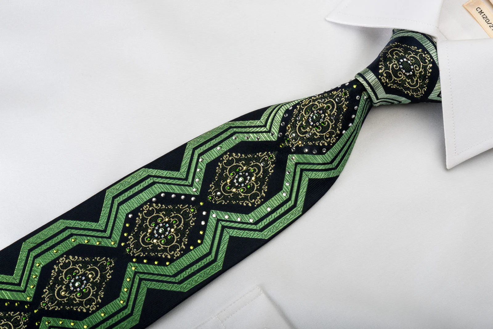 Pierre Cardin Silk Tie Green Geometric Cartouche With Rhinestones - Image 4