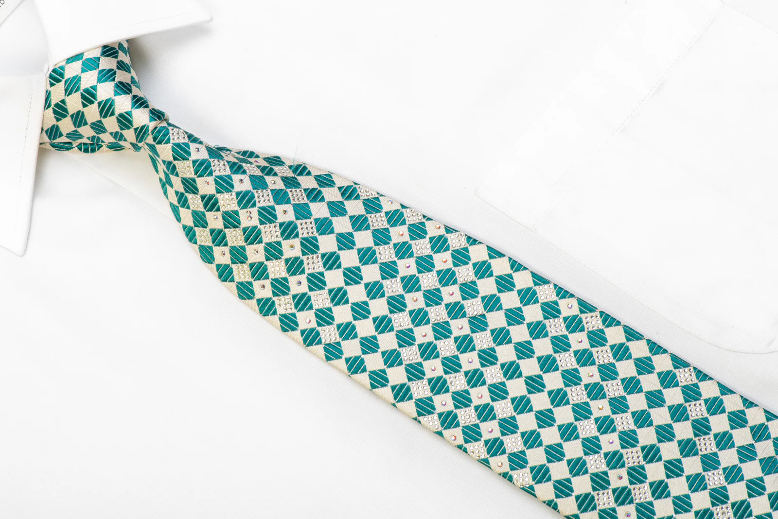 Pierre Cardin Silk Tie Teal White Checkered With Silver Sparkles - Image 2