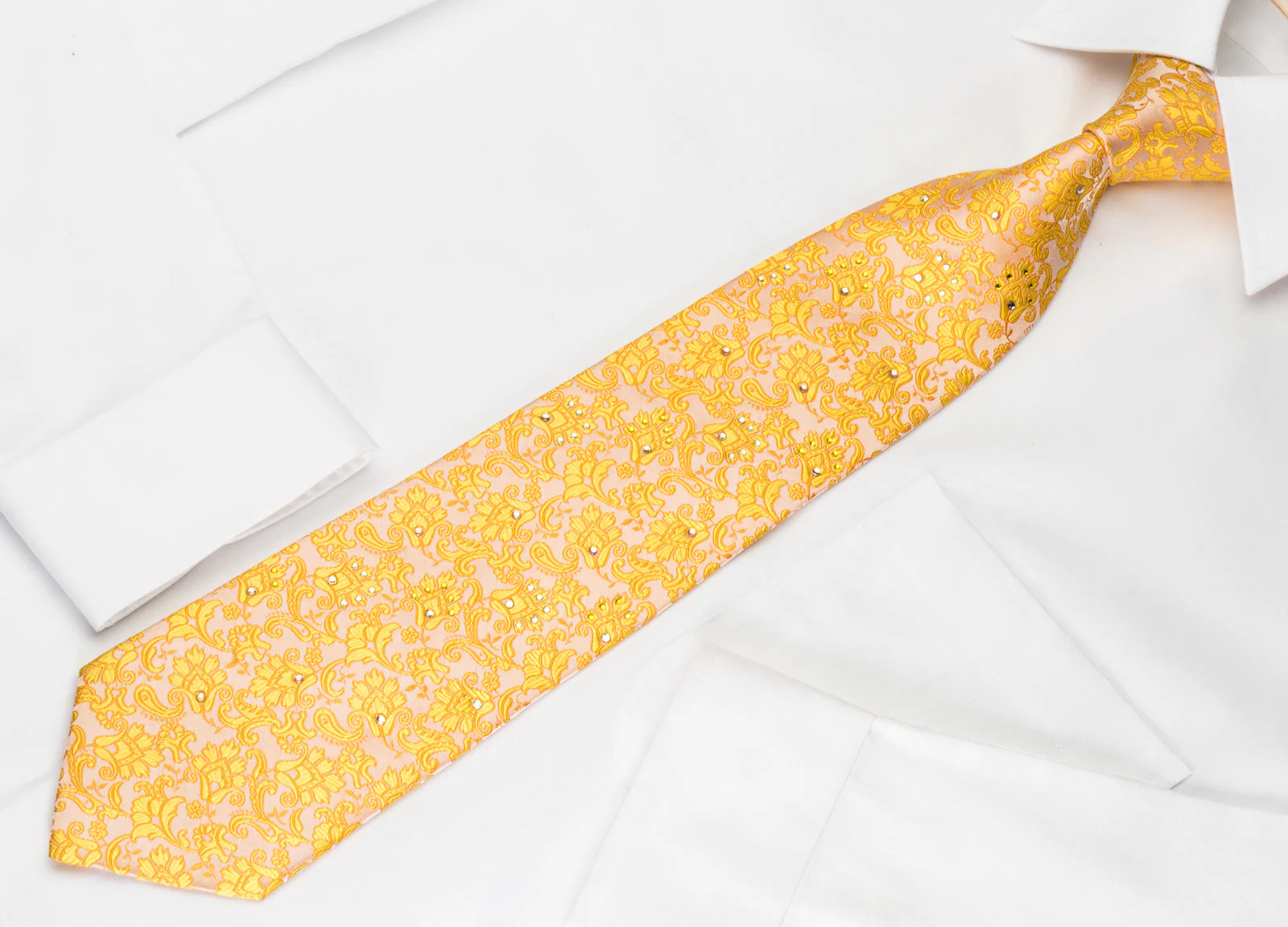 Pierre Cardin Silk Tie Yellow Orange Floral On White Pink With Yellow White Crystal Rhinestones - Image 2