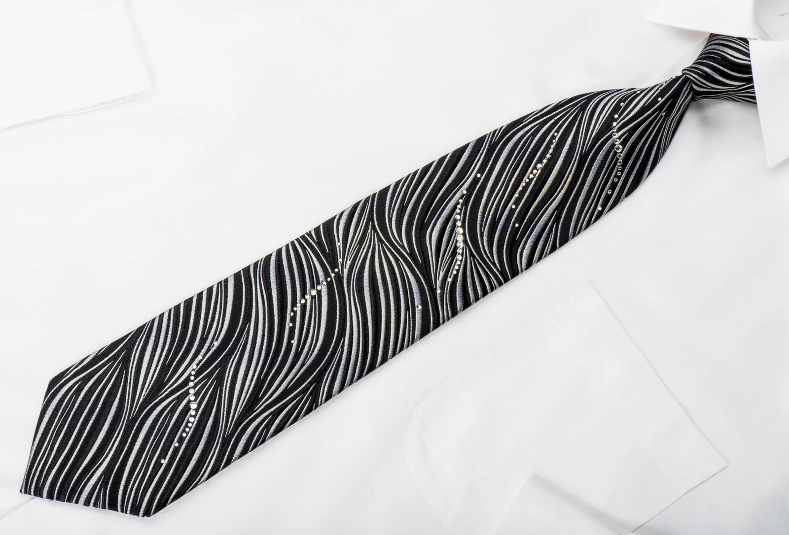 Pierre Cardin Studded Crystal Rhinestone Necktie Silver Zebra Stripes On Black - Image 3