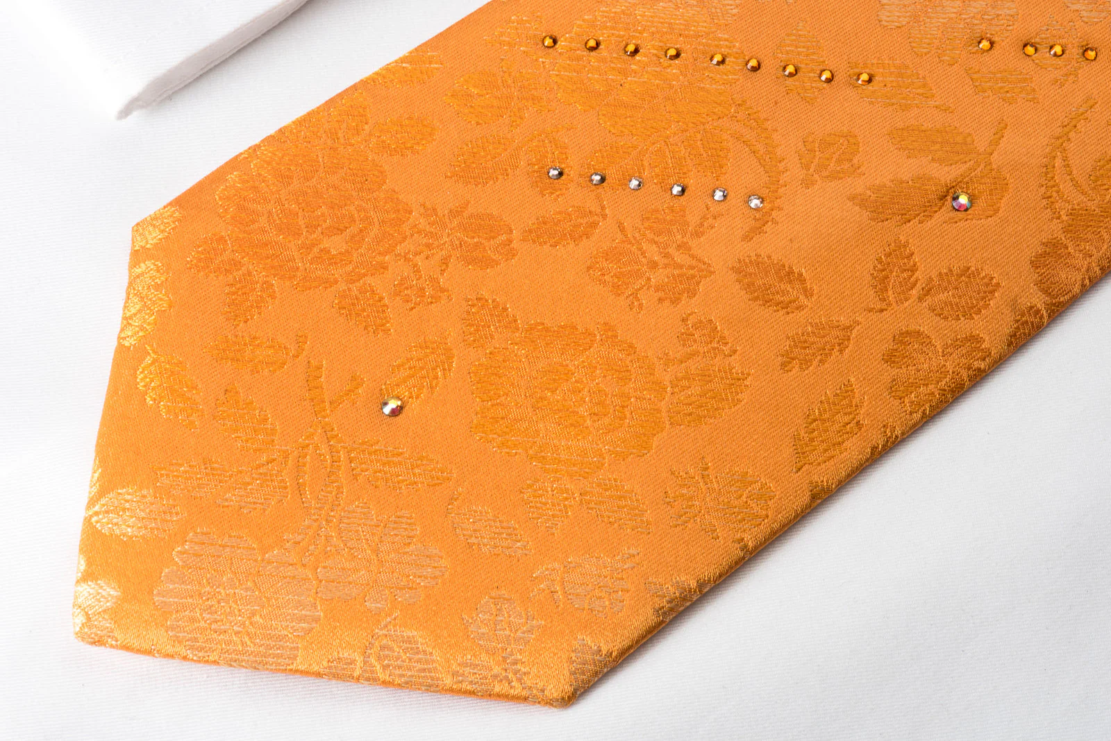 Pierre Cardin Woven Silk Tie Floral On Orange With Crystal Rhinestones - Image 8
