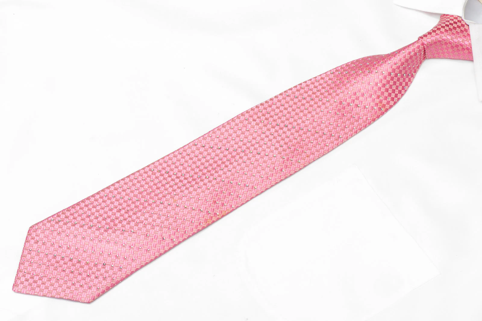 Pink Checkered Rhinestone Silk Necktie With Pink Sparkles - Image 2
