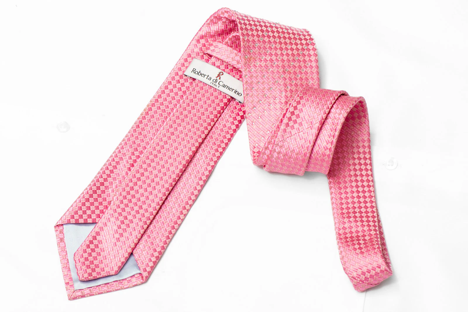 Pink Checkered Rhinestone Silk Necktie With Pink Sparkles - Image 3