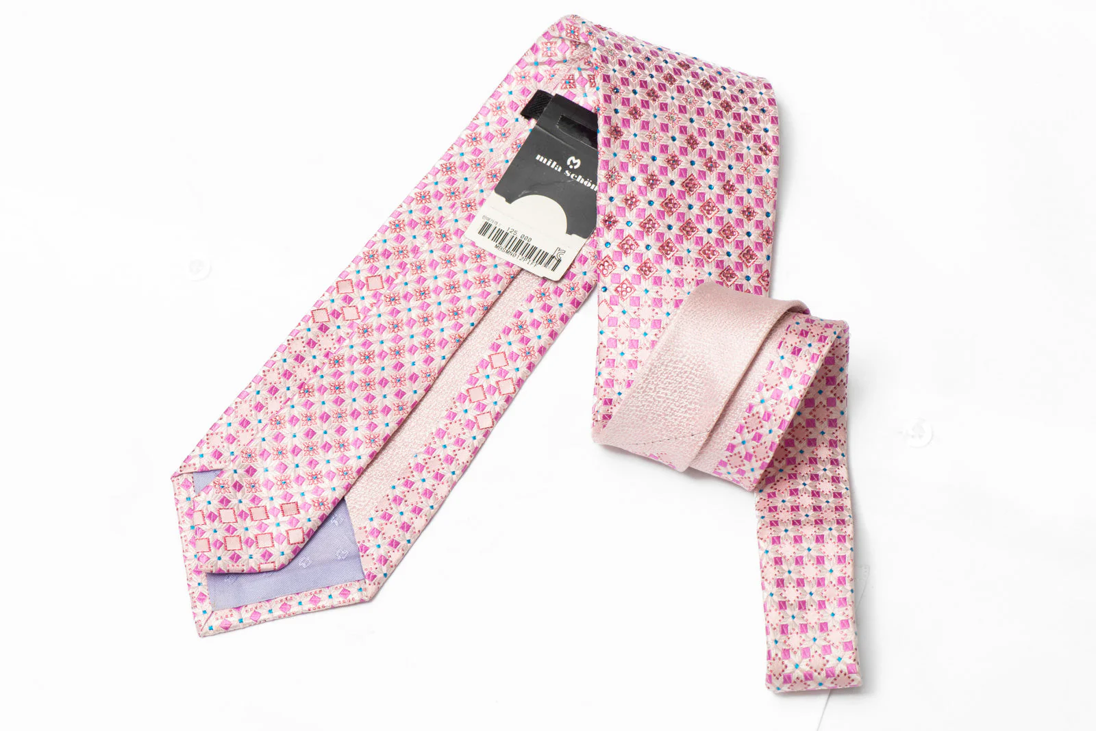 Pink Geometric Floral Rhinestone Silk Necktie With Pink Sparkles - Image 3