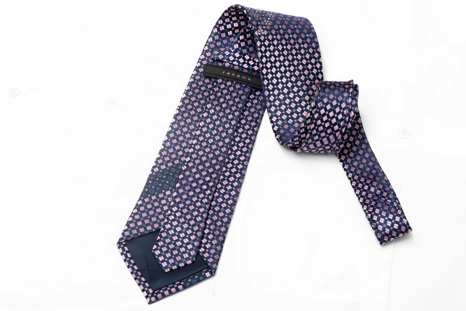 Pink Geometric On Navy Rhinestone Silk Tie With Silver Sparkles - Image 3