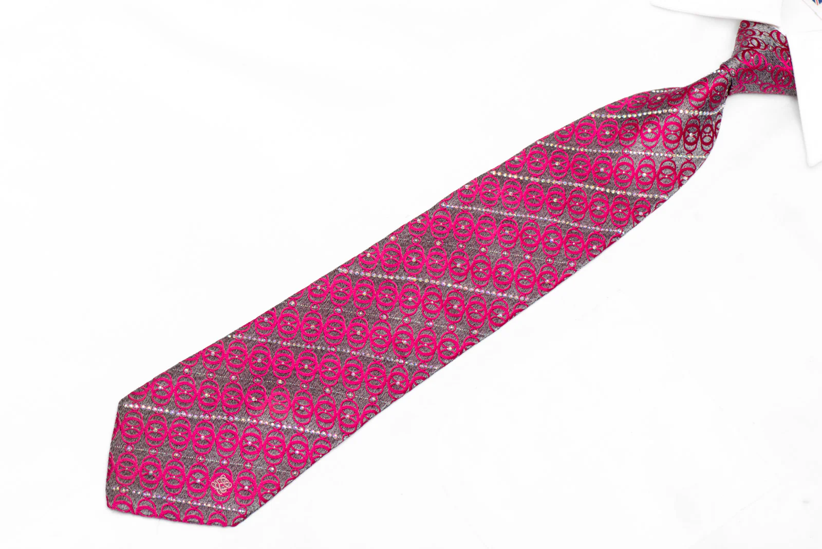 Pink Geometric On Silver Crystal Rhinestone Silk Tie With Sparkles - Image 2