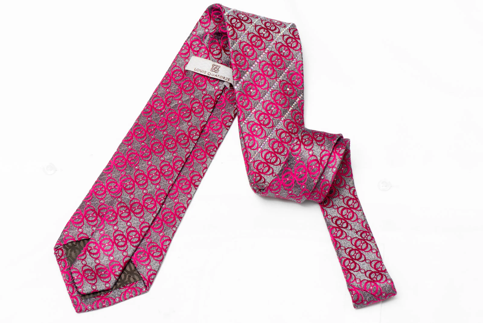 Pink Geometric On Silver Crystal Rhinestone Silk Tie With Sparkles - Image 3