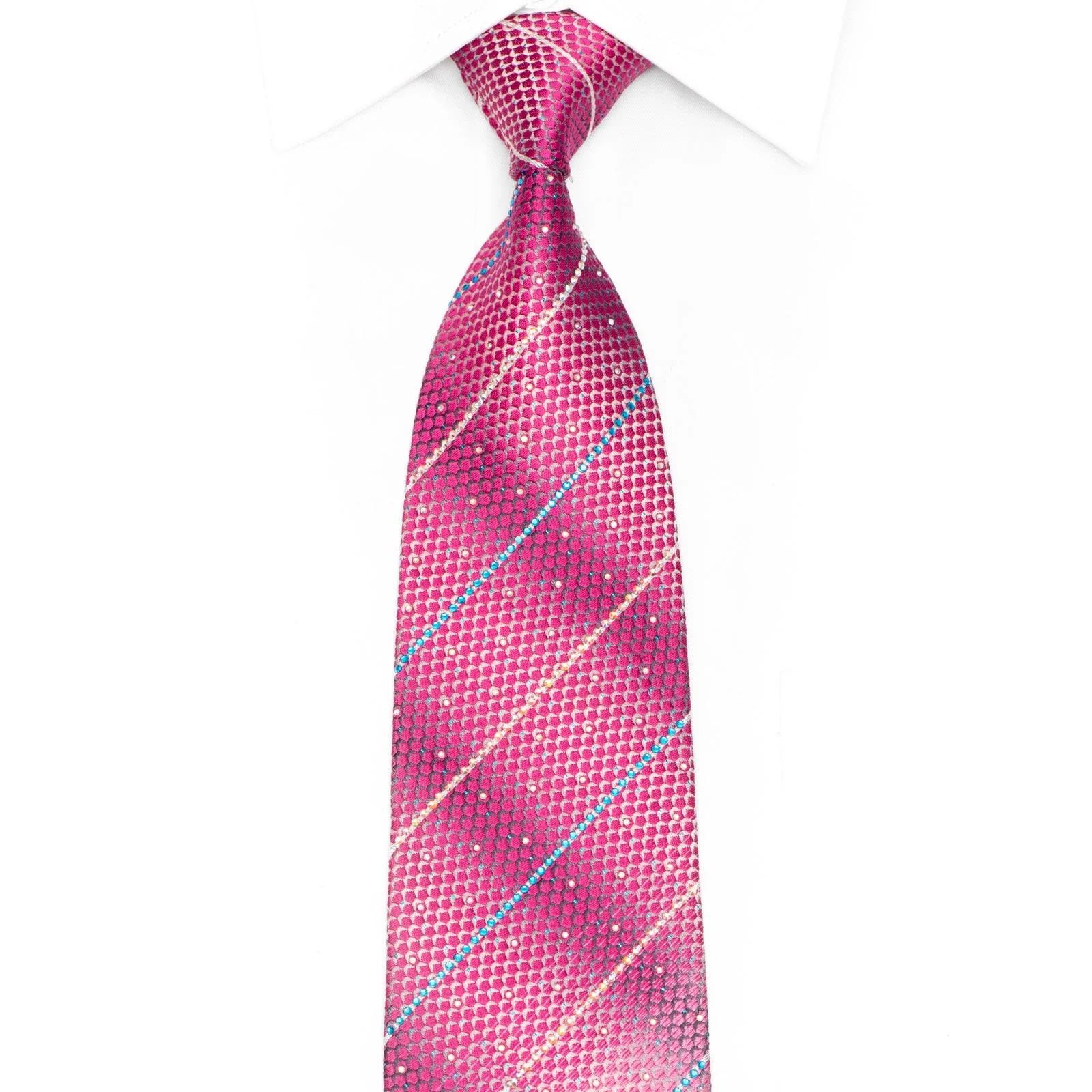 Pink Geometric & Striped Rhinestones On Silver Silk Necktie With Blue Sparkles