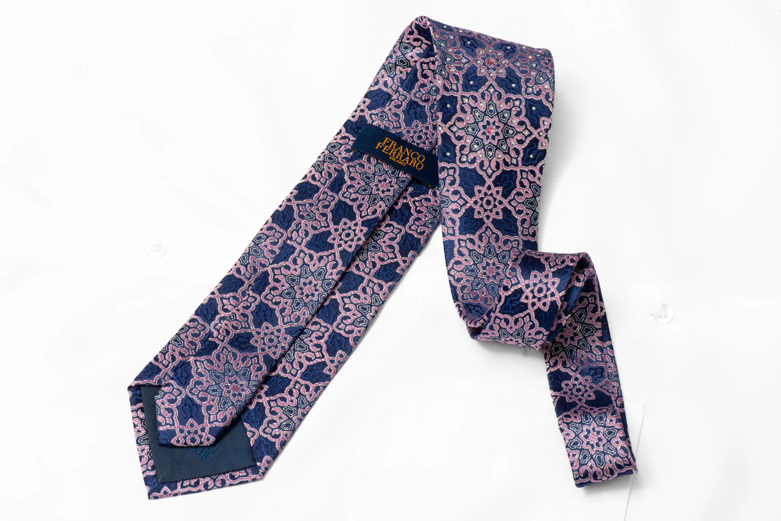 Pink Marrakesh On Blue Rhinestone Silk Tie With Silver Sparkles - Image 3