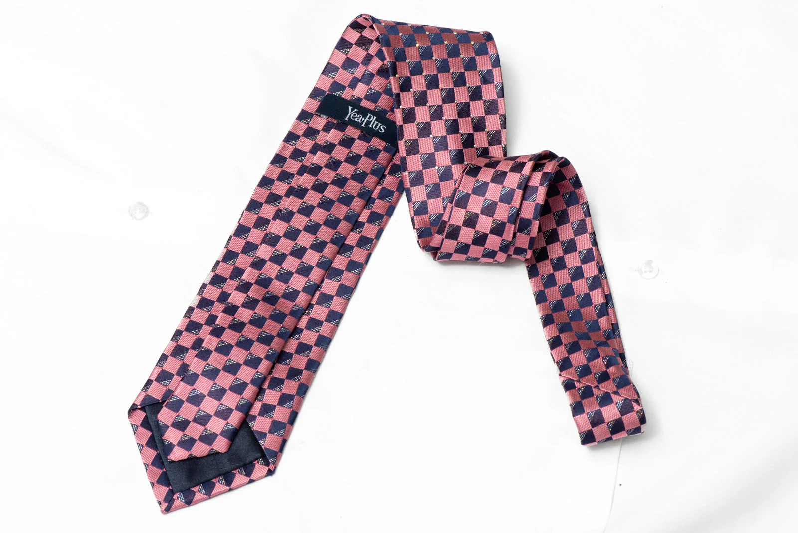 Pink Navy Checkered Rhinestone Silk Necktie With Silver Sparkles - Image 3