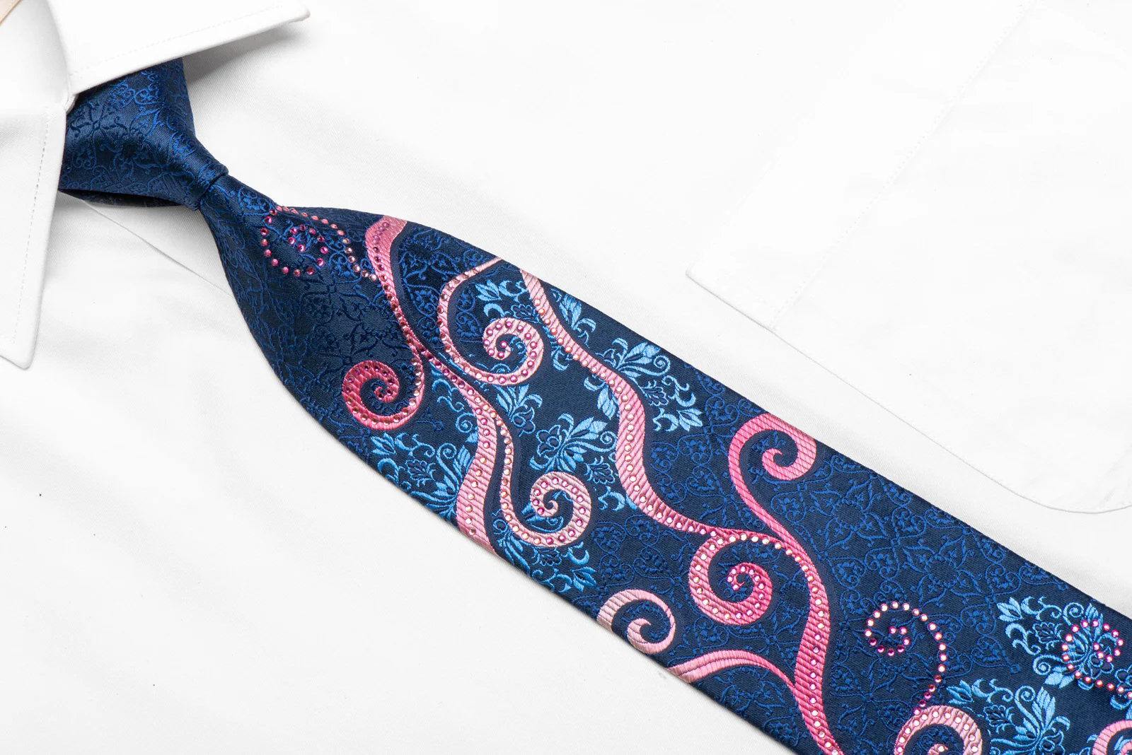 Pink Scrolls Blue Anthemion On Navy Rhinestone Silk Tie - Image 2