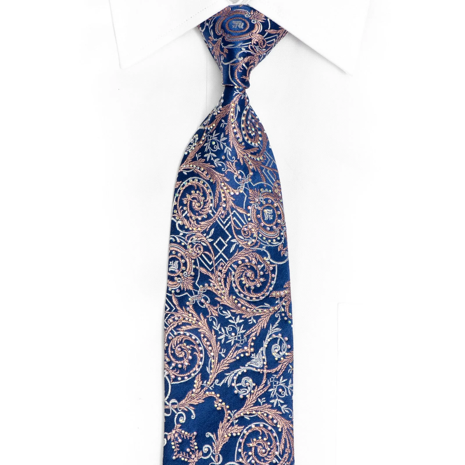 Pink Silver Anthemion Scrolls On Blue Rhinestone Tie With Sparkles