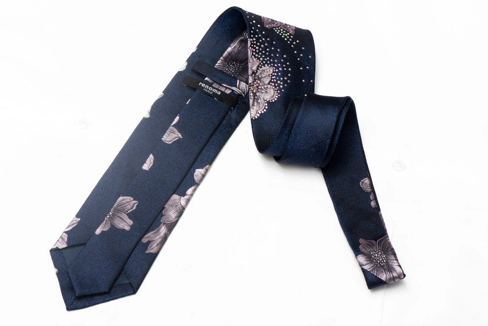 Pink Silver Floral On Navy Rhinestone Silk Tie - Image 3
