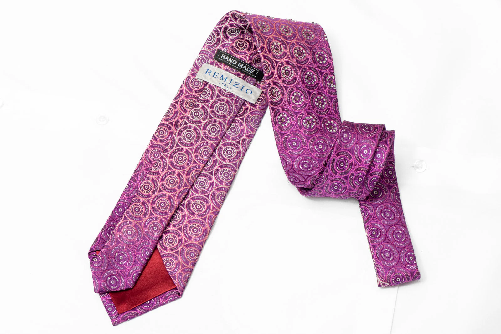 Pink Silver Geometric On Purple Rhinestone Silk Tie With Silver Sparkles - Image 3