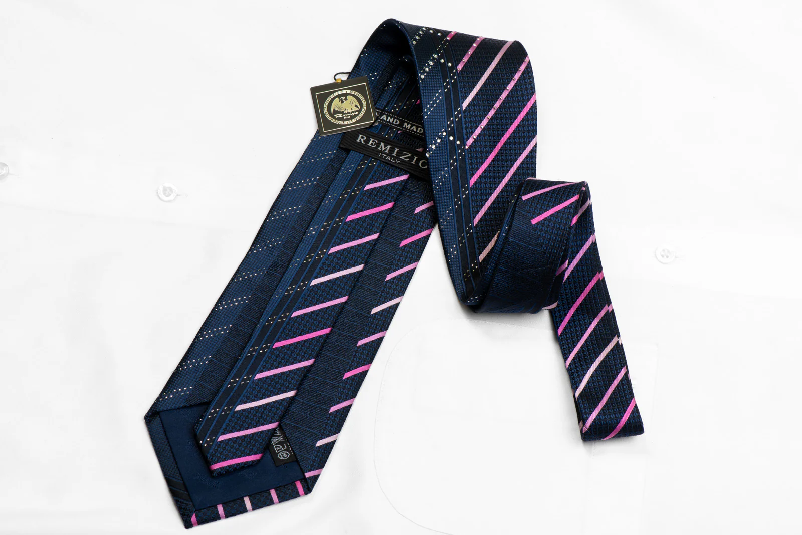 Pink Stripes Blue Geometric On Navy Rhinestone Silk Necktie With Silver Sparkles - Image 4