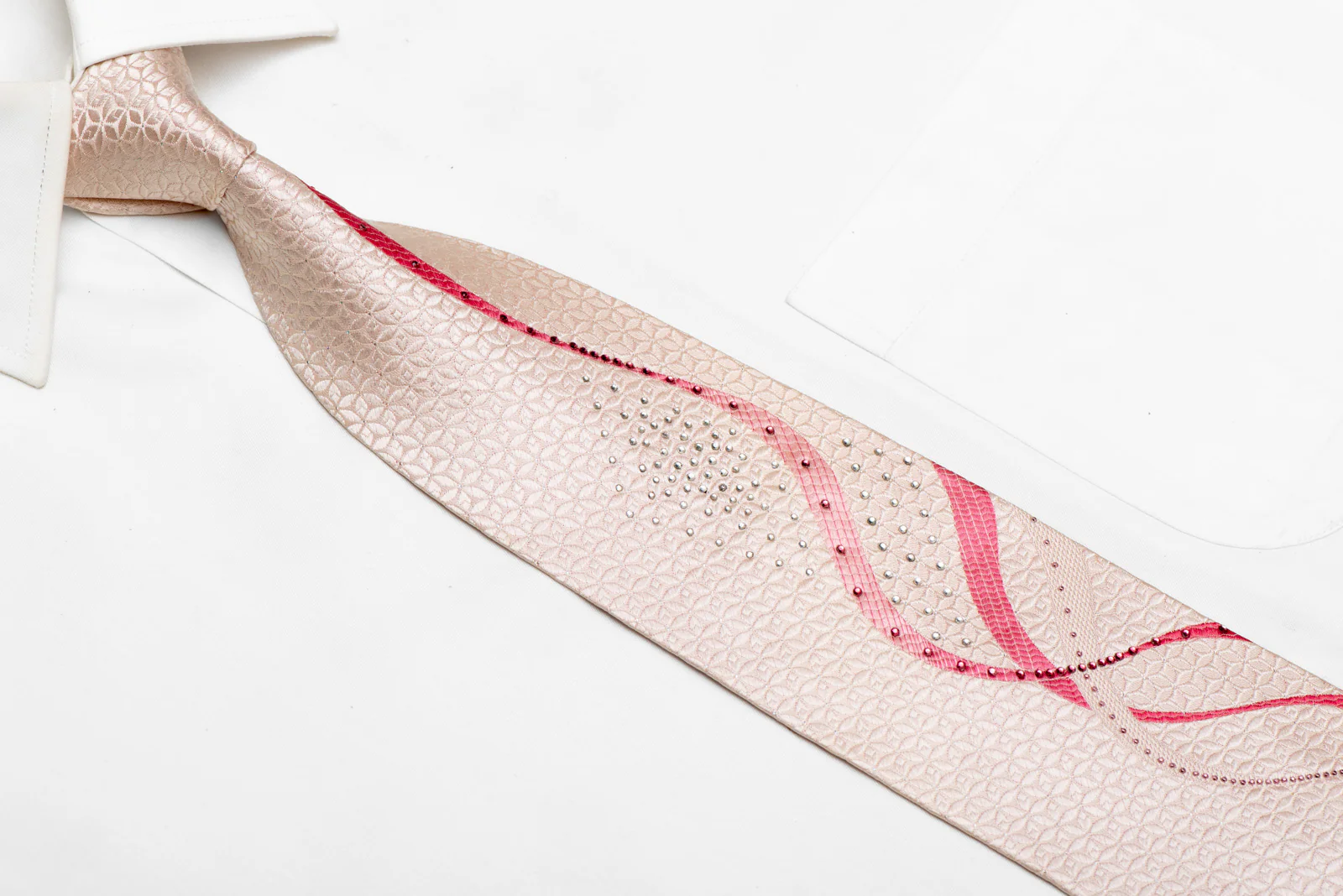 Pink Waves On Pink Rhinestone Silk Necktie With Silver Sparkles - Image 2