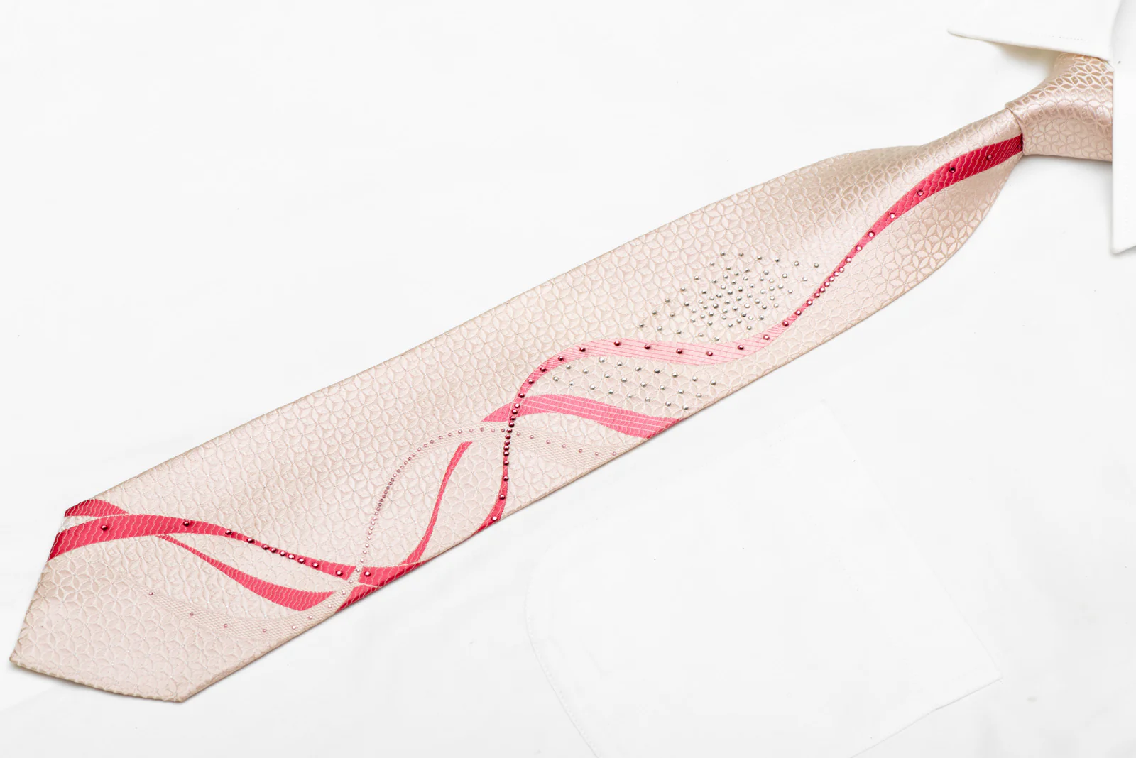 Pink Waves On Pink Rhinestone Silk Necktie With Silver Sparkles - Image 3
