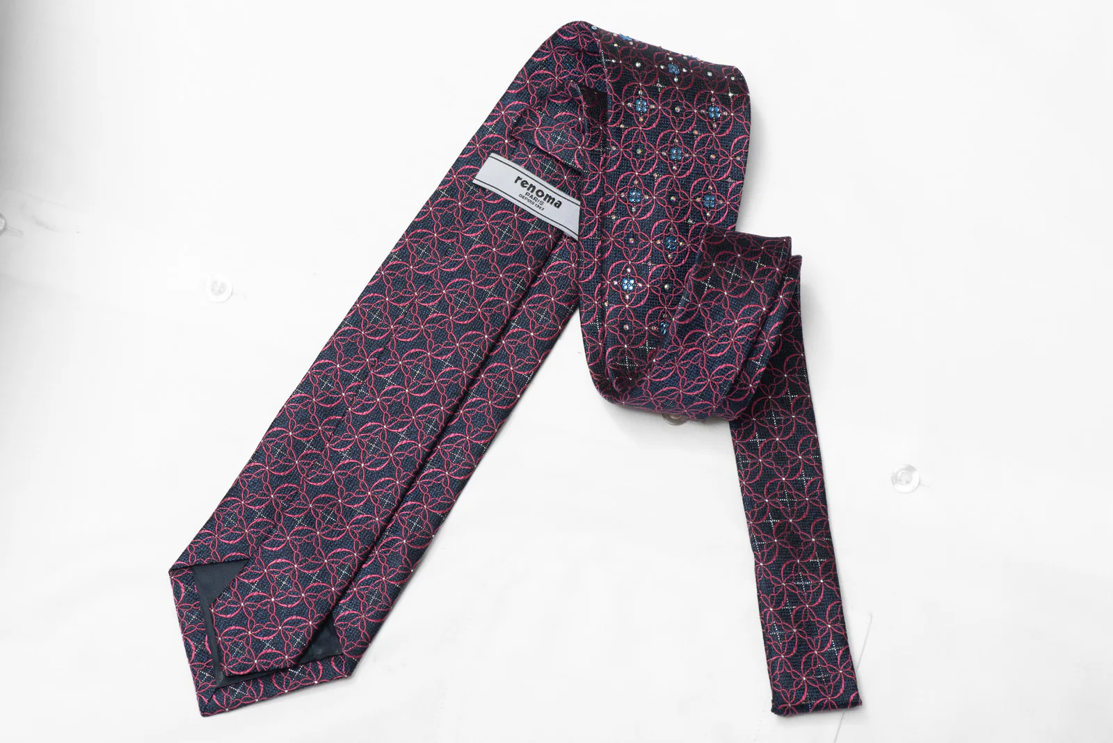 Pink Wavy Trellis On Blue Rhinestone Silk Necktie With Silver Sparkles - Image 3