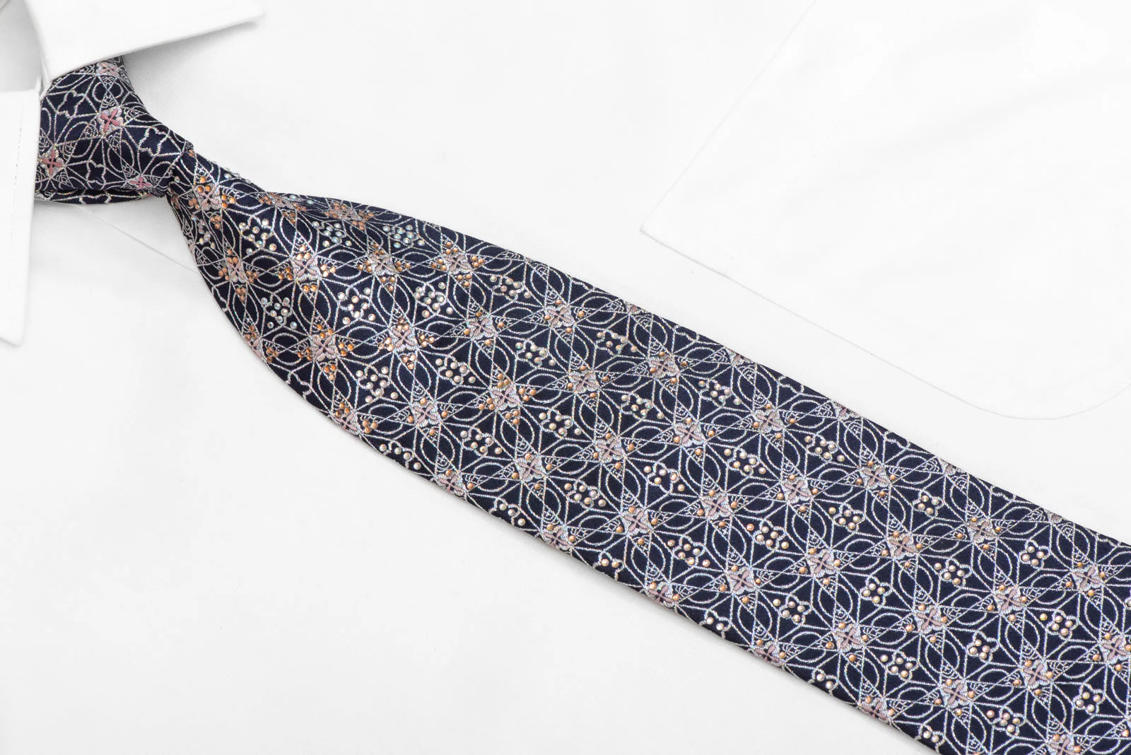 Silver Trellis On Navy Blue Rhinestone Silk Tie With Silver Sparkles - Image 2