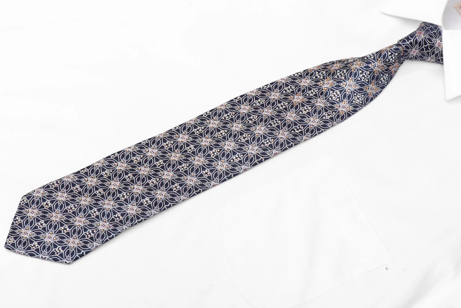 Silver Trellis On Navy Blue Rhinestone Silk Tie With Silver Sparkles - Image 3