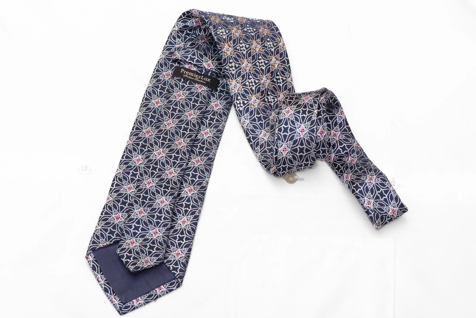 Silver Trellis On Navy Blue Rhinestone Silk Tie With Silver Sparkles - Image 4