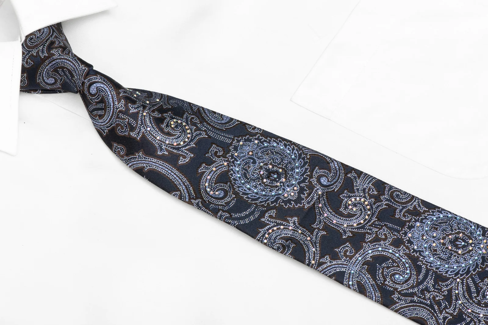 Acanthus On Navy Blue Rhinestone Silk Necktie With Silver Sparkles - Image 2