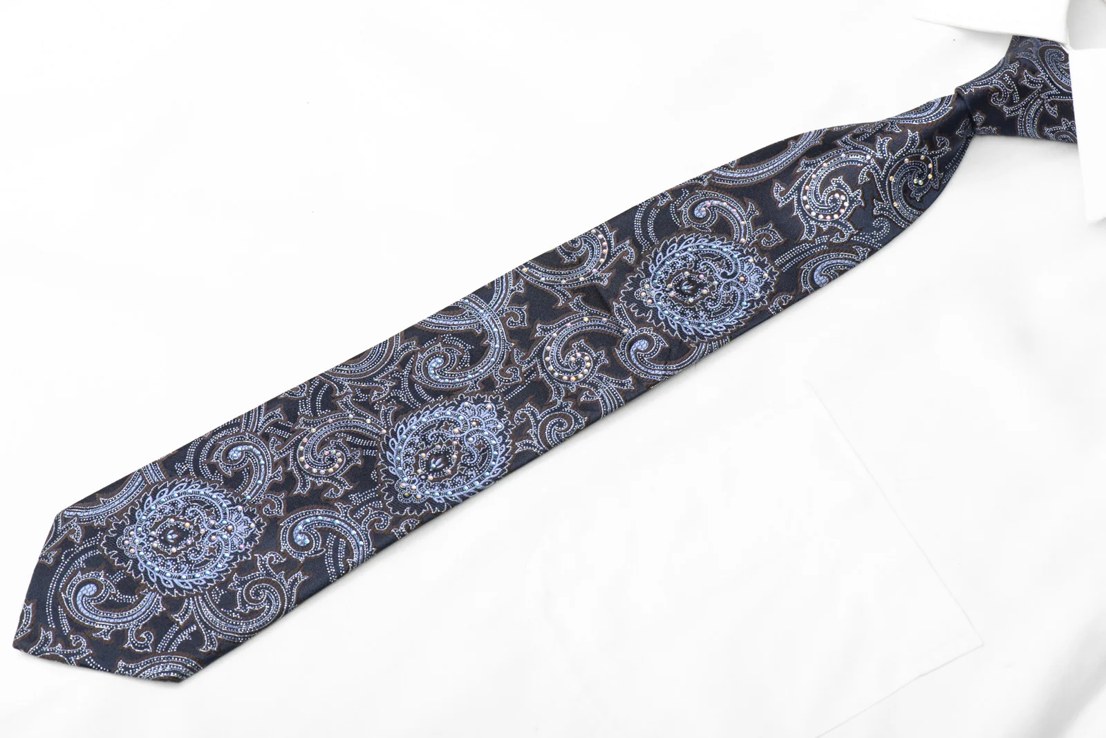 Acanthus On Navy Blue Rhinestone Silk Necktie With Silver Sparkles - Image 3